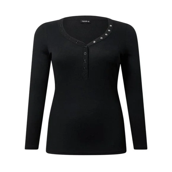 Torrid Ribbed Henley Long Sleeve Top Womens Size 0 Large Black Stretch NWT - Picture 2 of 7